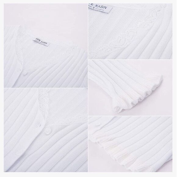 ⭐️nwt Kate Kasin Long Sleeve Button Down V Neck Lace Trim Knit Cardigan⭐️ - Picture 6 of 11